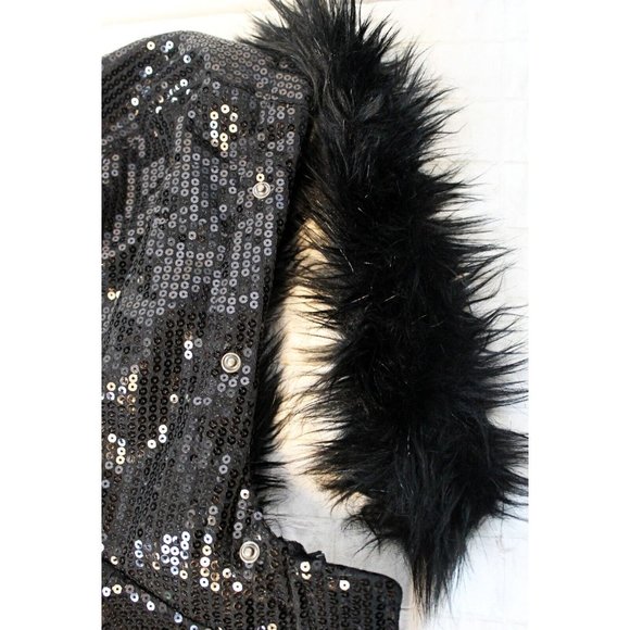 NWT Aeropostale Jrs Sz M Black Sequin Insulated Vest Removeable Faux Fur Trim - Picture 4 of 10